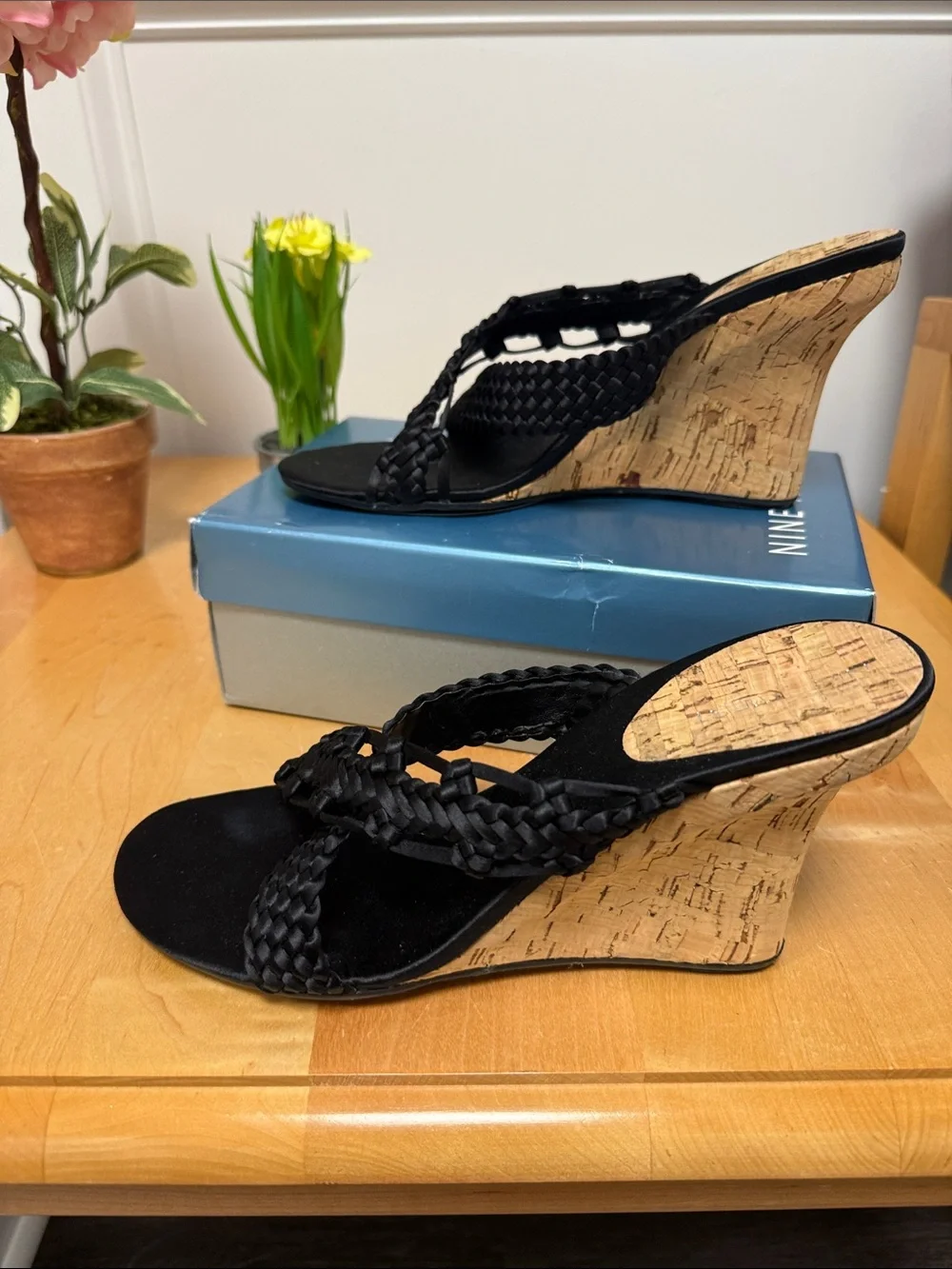 Nine West Black Braided Cork Wedge Sandals